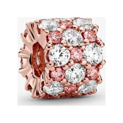 Genuine 925 Sterling Silver Rose Gold Pink & Clear Sparkling Charms Beads Fit Pandora Bracelet for Women Jewelry Making Gift