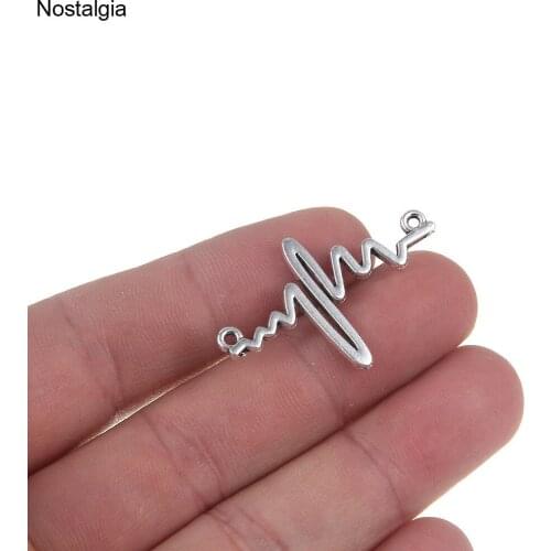 Nostalgia 10Pcs ECG Heart Beat Wave Charm Connector Bracelet Medical Sign Jewelry For Nurse Doctor Pendant 36*22MM