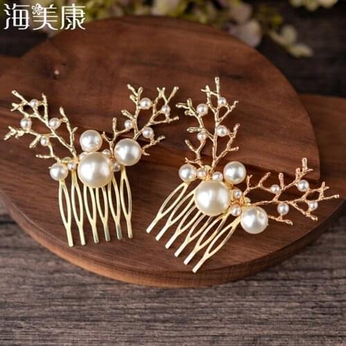 Haimeikang New Wedding Romantic Crystal Pearl Flower Antlers Hair Comb Rhinestone Bridal Hair Jewelry Accessories Golden Fashion
