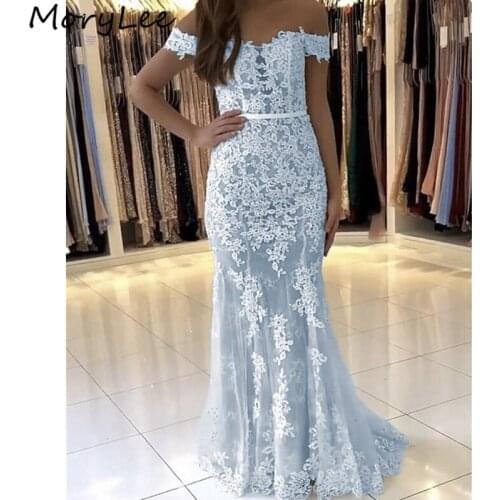 Mermaid Evening Dresses Off The Shoulder Soft Tulle Lace Applique Evening Dresses With Zipper Back vestidos de fiesta de noche