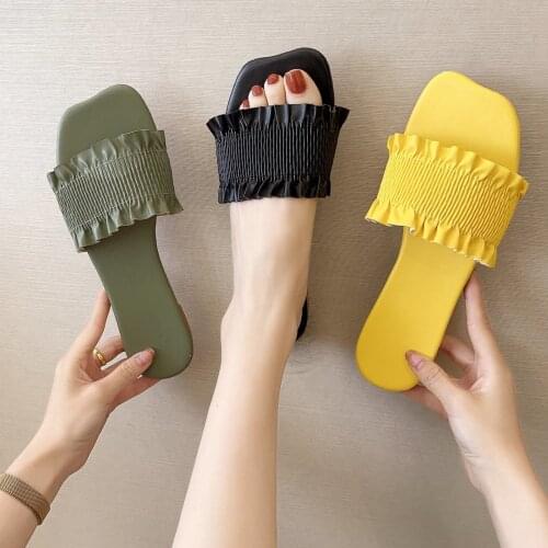 Bohemia Women Slippers Fashion Outside Solid Color Falt Flip Flop Non-Slip Beach Shoes Summer Female Ruffles Party Sandals