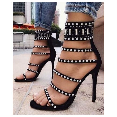 Plus Size 11 String Bead High Heel Sandals 2018 Summer Thin Heel Dress Shoes Cut-out Stud Pearl Embellished Strappy Sandals