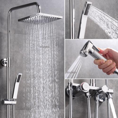 REWTR Shower Faucets Thermostatic Bathroom Shower Set Thermostatic Bath Shower Waterfall Shower Heads Chrome Mixer Water Tap
