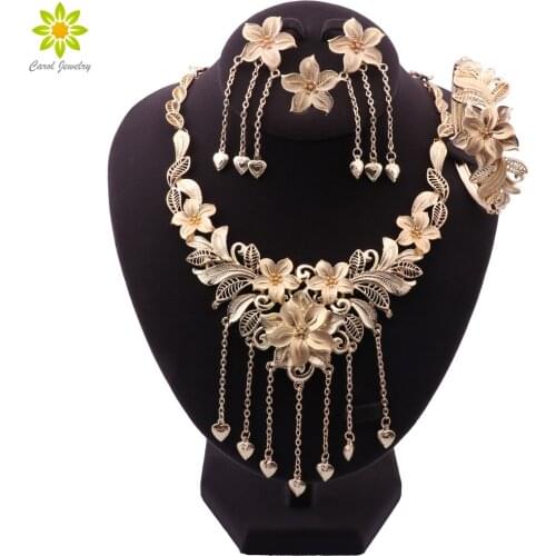 African Wedding Jewelery Set For Women Flower Shaped Jewelry Necklace Ring Bracelet Earrings Dubai Bridal Gold Color Set