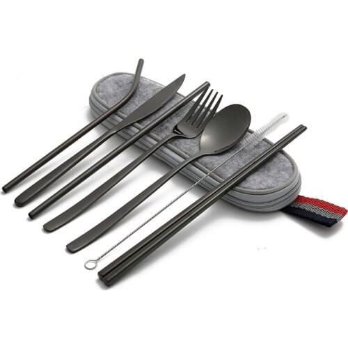 Tablewellware Black Cutlery Set Stainless Steel Tableware Forks Knives Spoons Straw Cutlery Set Chopsticks Portable Case Outdoor