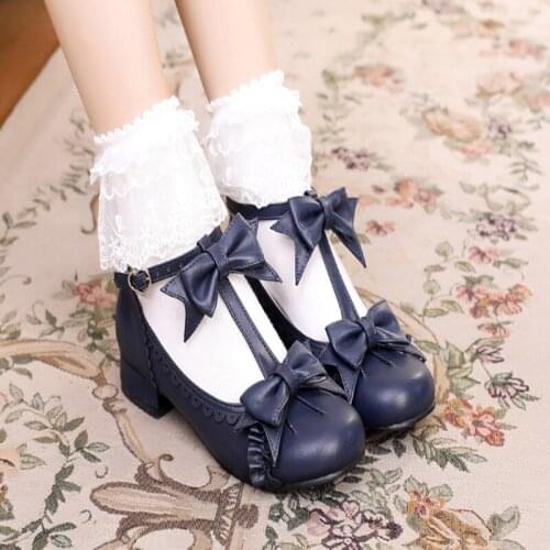 Japanese Lolita Round Head Bow Thick Heel Sweet Lace Cute Girl Princess Shoes JK Uniform Lolita Shoes jk Kawaii Girl Tea Party