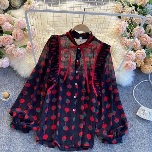 Spring Fashion Polka Dots Prints Women Chiffon Blouse Puffy Sleeves Ruffled Pleats Chiffon Shirt Top TN300