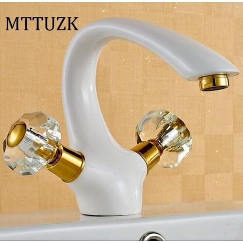 Vidric European white roasted paint long neck brass sitting mounted crystal hand wheel single hole basin faucet hot cold mixer