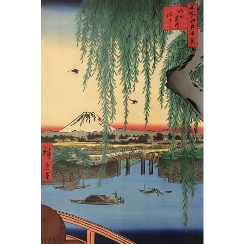 Japanese Spring Oil Painting Hiroshige Landscape Art Yatsumi Bridge, No. 45 from One Hundred Famous Views of Edo Handpainted