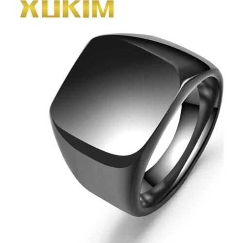 Xukim Jewelry Top Quality 316L Stainless Steel High Polished Rock Solid Biker Punk Black Mens Signet Ring