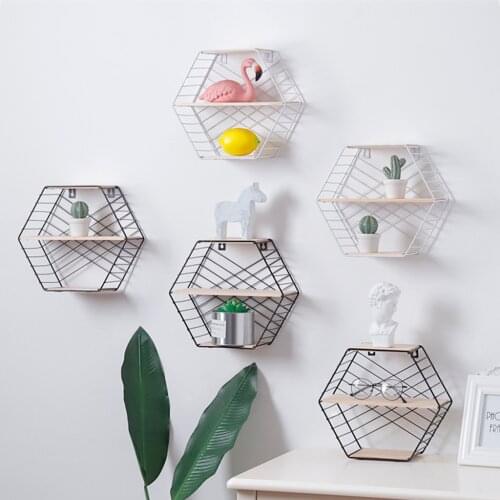 Iron Shelves Hexagonal Wall Storage Rack with Wood Storage Holder Grid, Wall Decoration Hanging Display Shelf-White/Black