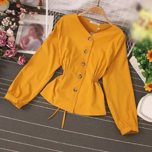 Spring Autumn Womens Blouse Korean Style V-neck Pleated Single-breasted Shirt New Wild Loose Thin Long-sleeved Shirt Tops