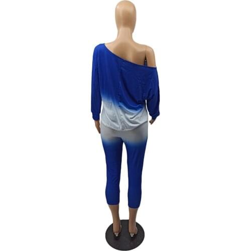 Womens Summer Fashion Loose Long-Sleeve Top + Cropped Trousers Contrast Color Sexy Two-Piece Suit