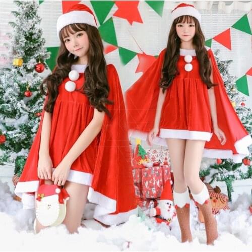 Women Role Play Santa Claus Christmas Costume Cloak Velvet Fancy Girls Shawl Xmas Stage Performance Apparel with Hat No Socks
