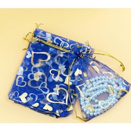 100pcs 7x9cm Drawable Organza Bags Heart Royal Blue color Wedding Christmas Gift Bag Jewelry Packaging Bags Pouches