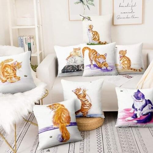 Watercolor Pastoral Cats Print Pillowcase Big Orange Cat Painting Cushion Decorative Pillow Home Pillow Decoration Throw Pillow