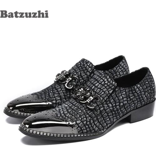 Batzuzhi Italian Style Handmade Men Shoes Metal Tip Men Leather Shoes Crocodile Pattern Black Formal Dress Shoes Zapatos Hombre
