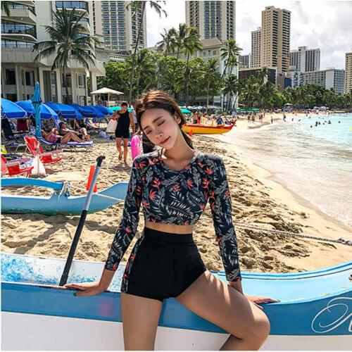 Retro Korean high waist bikini split sexy bandage swimsuit female conservative thin long sleeve sports hot spring swimsuit