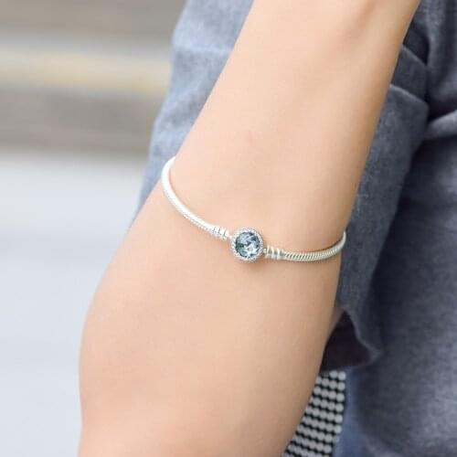 Genuine 925 Sterling-Silver-Jewelry Bracelets for Women DIY Jewelry Making Sparkling Heart Bracelet with Blue CZ Free Shipping