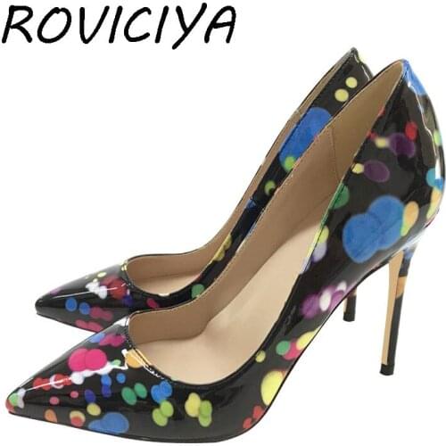 Black graffiti printing 12cm high heel stiletto shallow pointed toe sexy shoes party nightclub womens shoes QP094 ROVICIYA