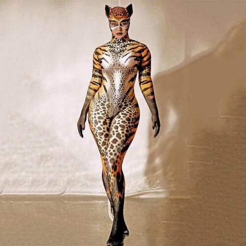 Nightclub Bar Stage Dance Costume Halloween Cosplay Tiger Print Long Jumpsuit Performance Costume Female Party Costume JJ041