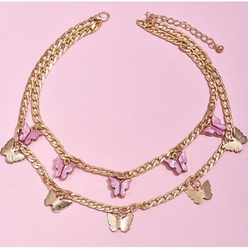 ALYXUY Double layer Pink Gold Butterfly Boho Pendant Necklace Clavicle Chain Elegant Choker Jewelry Women Girls Wedding Party