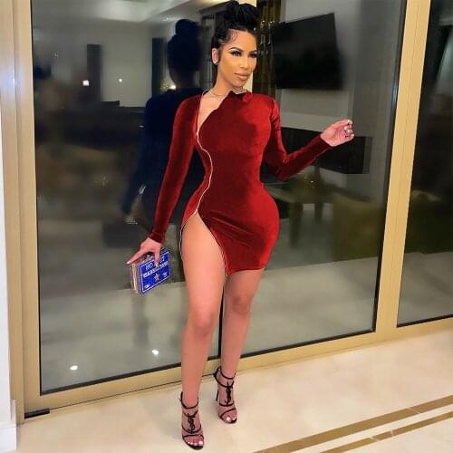 Elegant Irregular Neck Two Way Zipper Side Slit Dress Women Sexy High Slie Bodycon Mini Club Party Dresses Robe Clothing Ladies