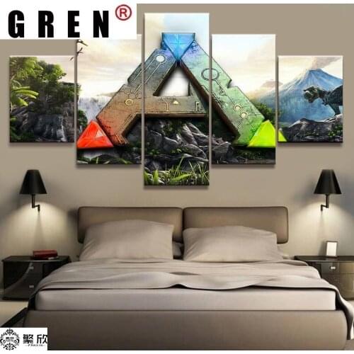 GREN Wall Art Decor HD Picture Artworks Poster 5 Panel ARK: Survival Evolved LOGO Game Canvas Printed Painting For Living Room