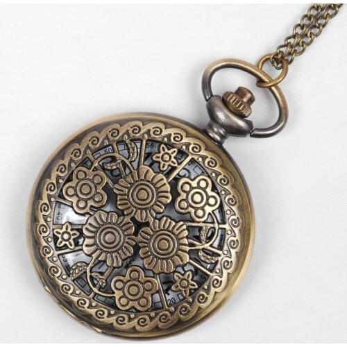 Classic charm camellia perspective pocket watch bronze retro hollow gift chain quartz montel fashion casual pocket watch
