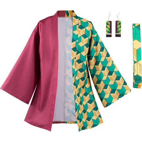 Demon Slayer Tomioka Giyuu Cosplay Costumes with Earrings Belt Halloween Carnival Suit Coat Robe