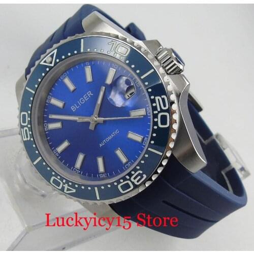 BLIGER Causal Mechanical Mens Watch With Automatic Movement Sapphire Glass Auto Date Silver Watch Case Black Rubber Strap