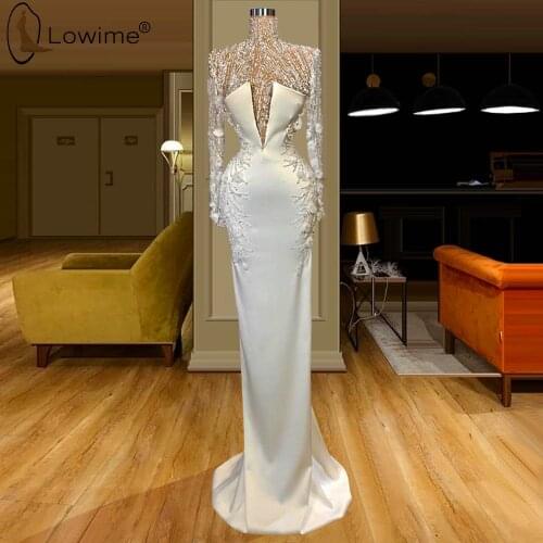 Ivory Muslim Long Sleeve High Neck Mermaid Evening Dresses Beads Handmade Flowers Middle East Floor Length Satin Evening Gowns