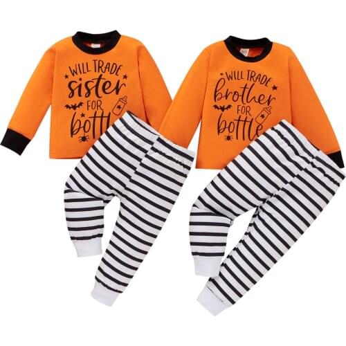 Infant Baby Girls Boys Sister Brother Matching Outfits, Long Sleeve Letter Tops + Striped Pants Set 6M-3T