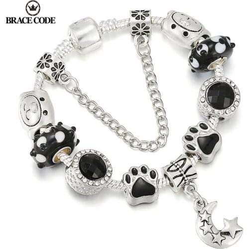 BRACE CODE bracelet Black Beads Charm With Stars And Moon Pendants DIY Fashion Cute Puppy Footprint Beads Beaded Fine Bracelets