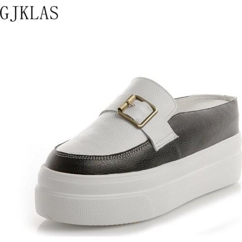 Genuine Leather Casual Shoes Woman Slippers Slip on Platform Wedges Shoes for Women Casuales Half Slippers Womens White Shoes