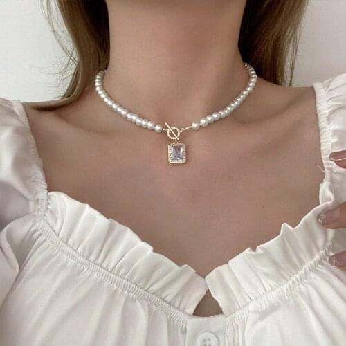 U-Magical Elegant Square CZ Zirconia Pearl Beaded Pendant Necklace for Women Trendy Toggle Clasp Chokers Party Necklace Jewelry