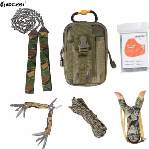 High quality Outdoor Camping Equipment Climbing Bag Survival Kit Paracord Carabiner slingshot Wire Saw Folding Plier EDC tools