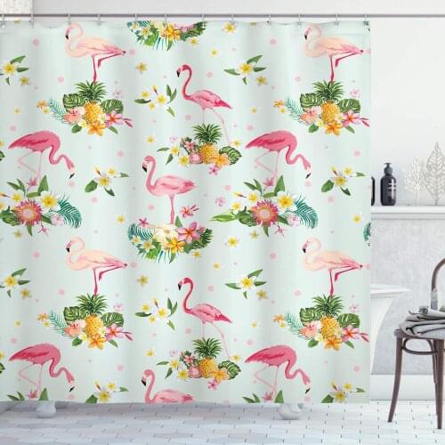 Yellow Pink Flamingo Shower Curtain Flamingo Bird Tropical Flowers Fruits Pineapples Vintage Style Artwork Bathroom Curtain