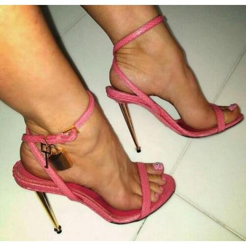 Metal Lock Ankle Buckles Ladies Fashion High Heels Concise Style One Strap Open Toe Women Sexy Sandals Summer Dress Shoe Size 41