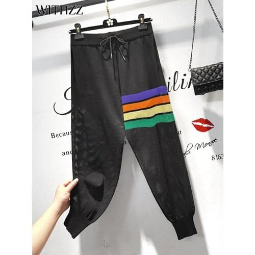 WITHZZ Women Spring Summer Fashion Hollow Out Knitted High Waist Trousers Female Loose Sports Casual Harem Pants