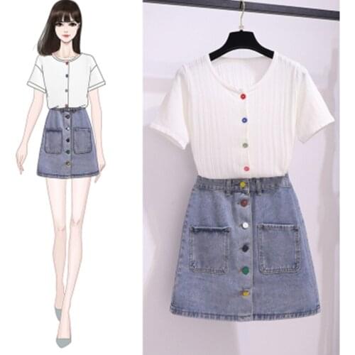 Womens Denim Skirt Suits Clothes Single-breasted Short Sleeve Tops + Mini Skirt 2 Pieces Sets 2020 New Summer Outfits for women