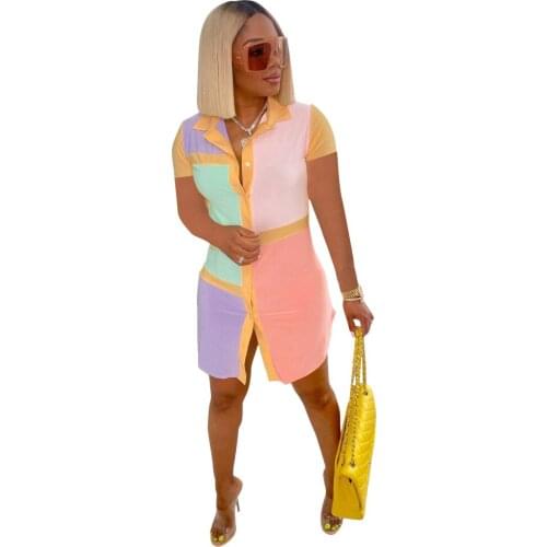 Summer Womens New POLO Collar Stitching Positioning Printed Shirt Dress