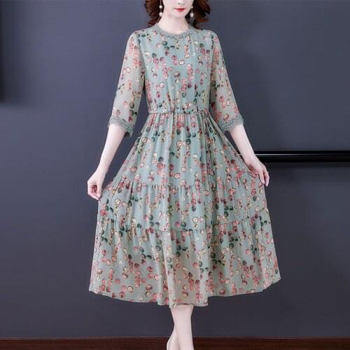 Dress Womens Summer 2021 New High-End Wild Temperament Polka Dot Five-Point Sleeve Chiffon Dress Mid-Length High Waist Vestidos