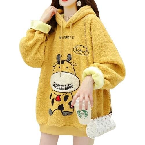 Winter Clothes New Cashmere Thicken Yellow Hoodies Sweatshirt Women Korean Loose Embroidered Cow Harajuku Sportswear Coat Female