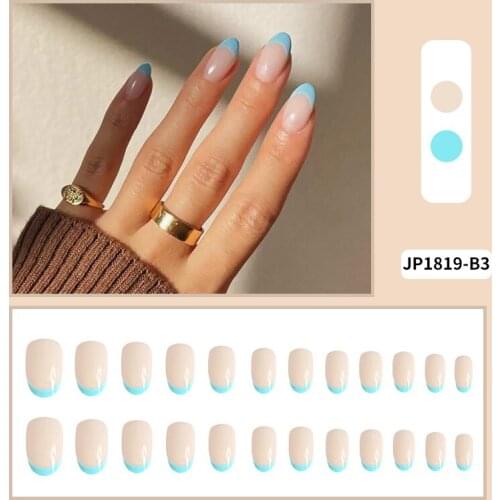 24Pcs/Set Blue False Nail Patch Round Head Glue Type Removable Mid Length Paragraph Fashion Artificial Full Cover Manicure NN
