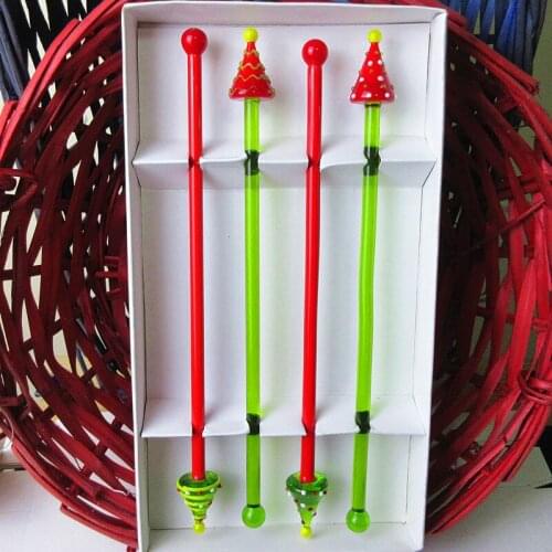 4pcs Custom Multicolor lovey Christmas tree head glass swizzle sticks handmade Lampwork glass wine swizzle coffee cocktail drink