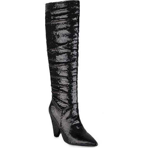 Pointed Sequins Color Embroidery Shiny Knee-Length Boots Bling Gradient Color Dot Pattern Winter Boots Color Changing Shoes