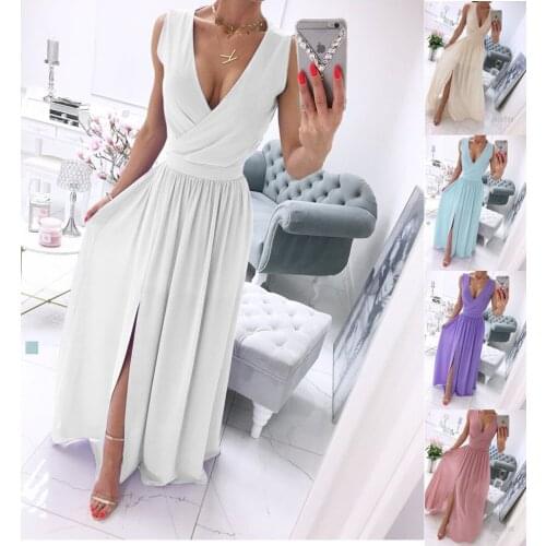 Elegant Solid Beach Long Dress Sexy Women Deep V-neck Split Party Dress 2021 Summer Sleeveless Chiffon Maxi Dress White Vestidos