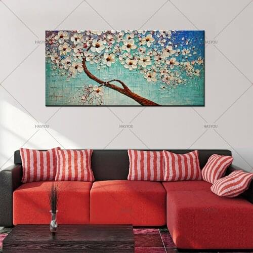 Unframed Blue White Flower Tree Handpainted Oil Painting Modern Wall Art Oil Painting For Living Room Decoration