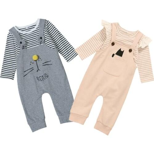 New Autumn Fashion Toddler Kids Baby Girls Boys Bodysuits Tops Bib Pants 2Pcs Outfit Sets Brother&Sister Pink/Gray Clothes Set